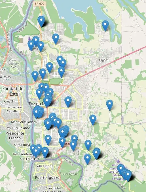 Mapa ilustrativo de Foz do Iguaçu com regiões e atrações
